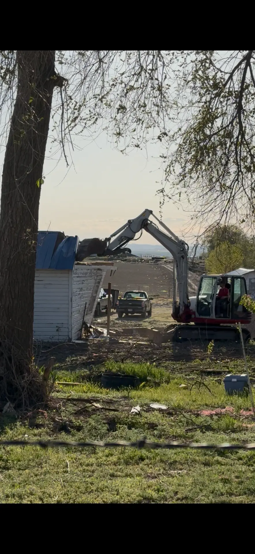 Excavator taking down an outbuilding during a property clean-up